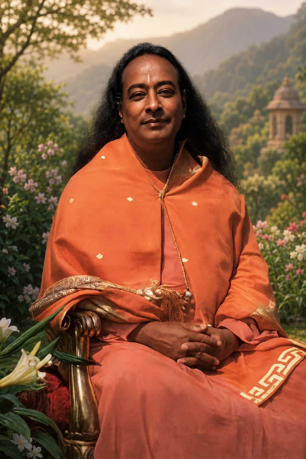 Paramhansa Jógananda v oranžovém rouchu v zahradě